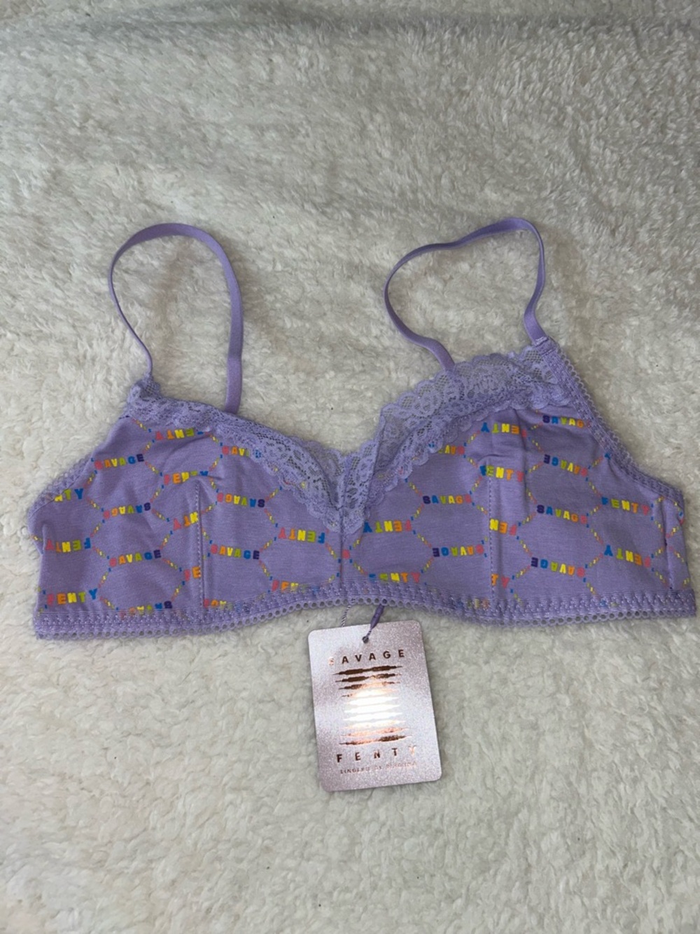 Savage X Fenty Lavender Rainbow Logo Bralette Medium Lace Trim NWT